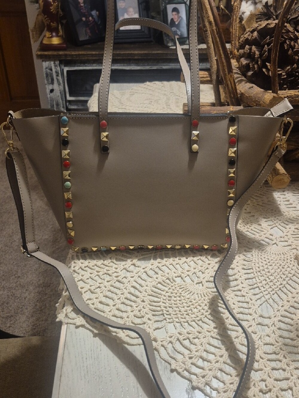 Stud-Trim Taupe Shoulder Tote Bag - Picture 7 of 7